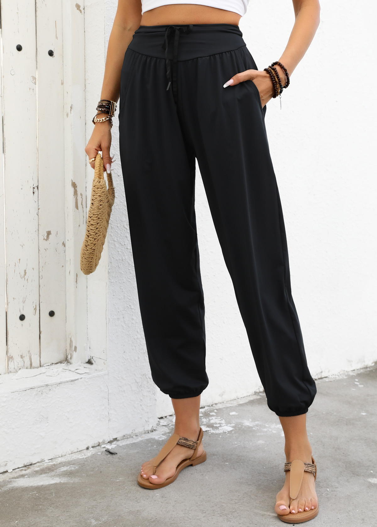 Black Soft Jogger Elastic Waist High Waisted Pants | picture 