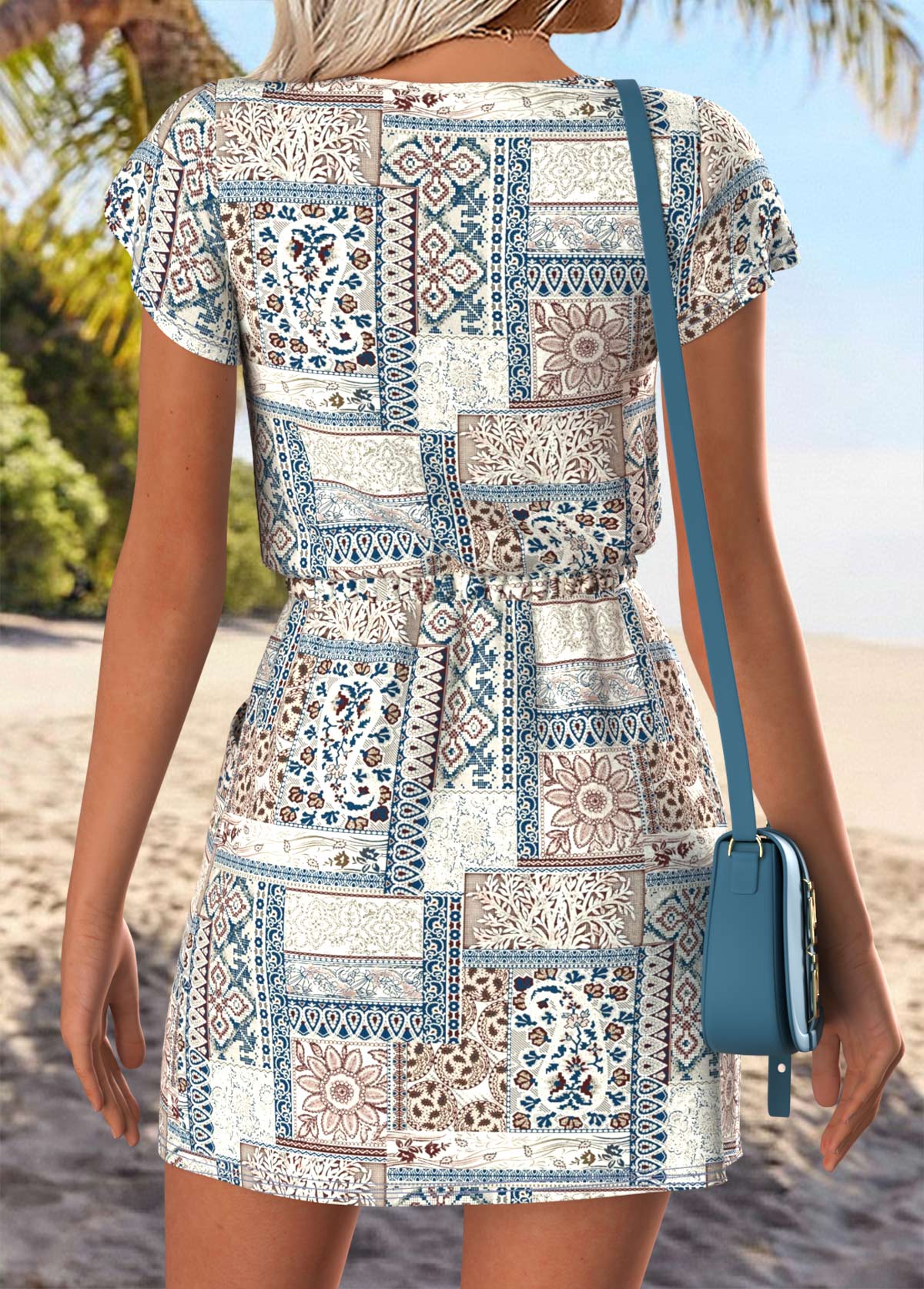 Multi Color Lace Up Patchwork Short Split Neck Dress | picture 