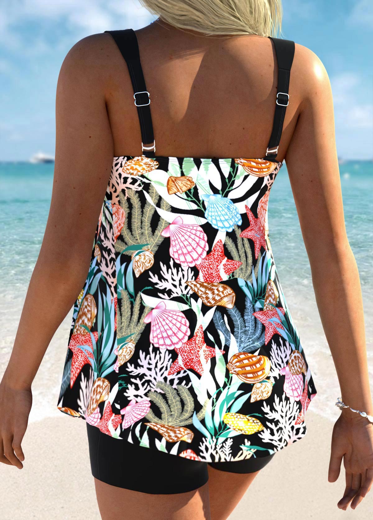 Tummy Coverage Mid Waisted Marine Life Print Tankini Set | picture 
