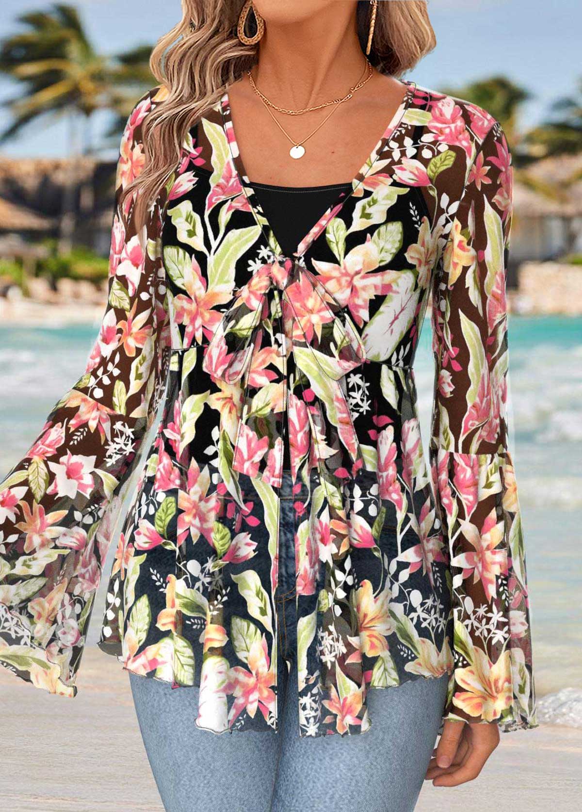 Multi Color Peplum Floral Print Long Sleeve Blouse | picture 