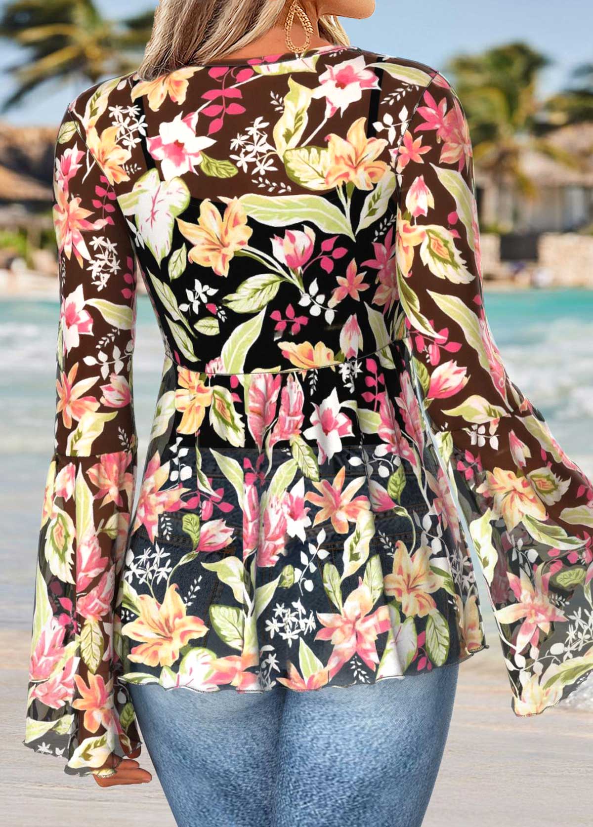 Multi Color Peplum Floral Print Long Sleeve Blouse | picture 