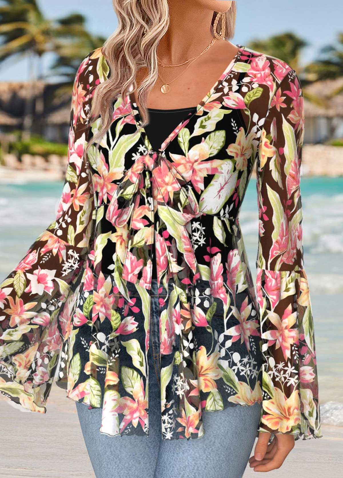 Multi Color Peplum Floral Print Long Sleeve Blouse | picture 