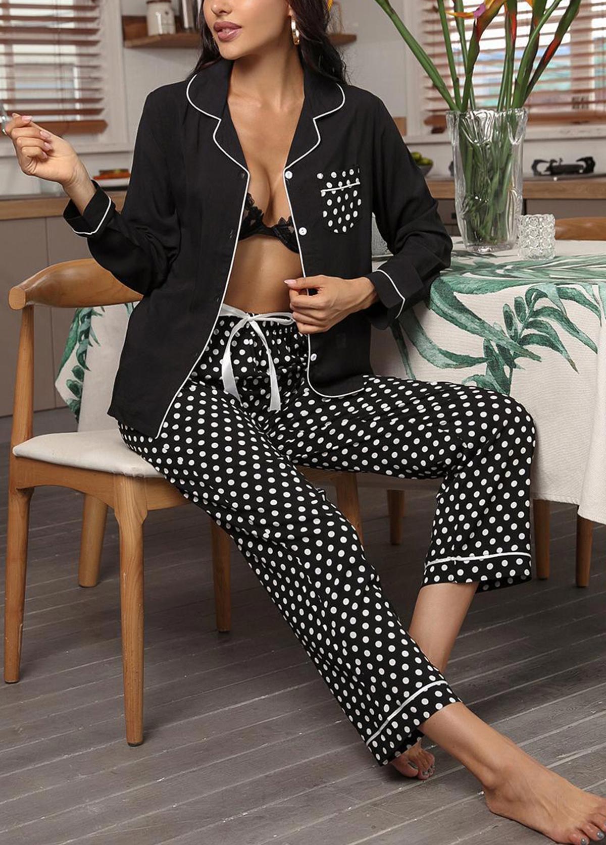 Black Polka Dot Long Sleeve Lounge Top and Pants | picture 