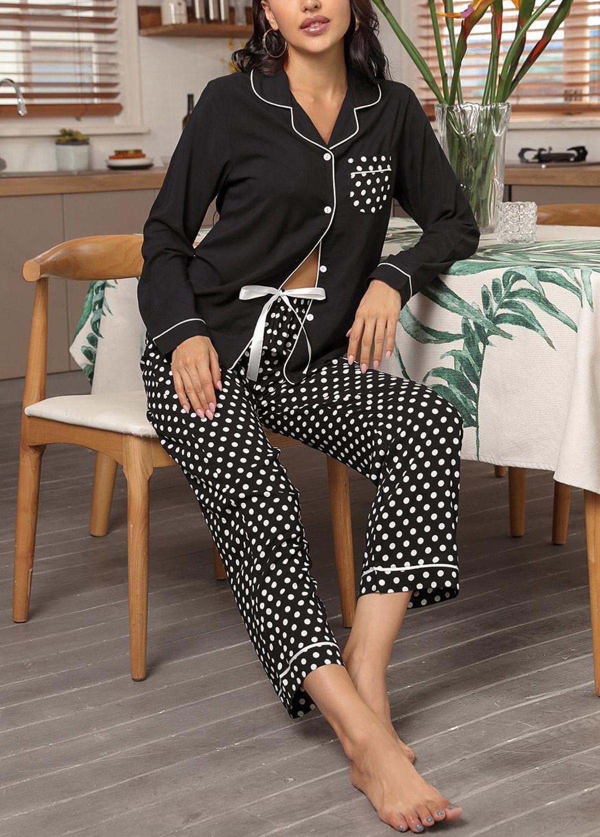 Black Polka Dot Long Sleeve Lounge Top and Pants | picture 