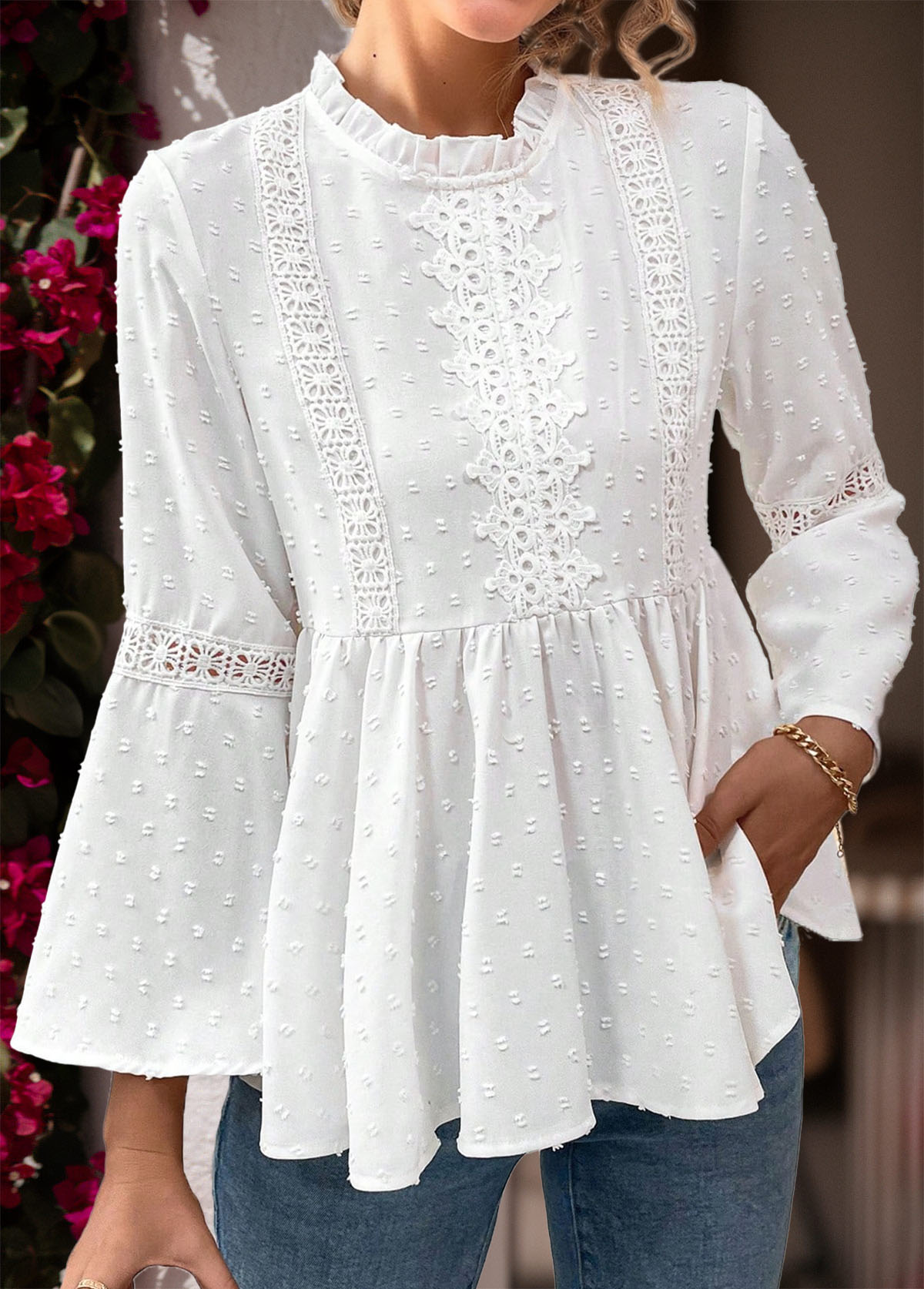White Tummy Coverage Long Sleeve Round Neck Blouse | picture 