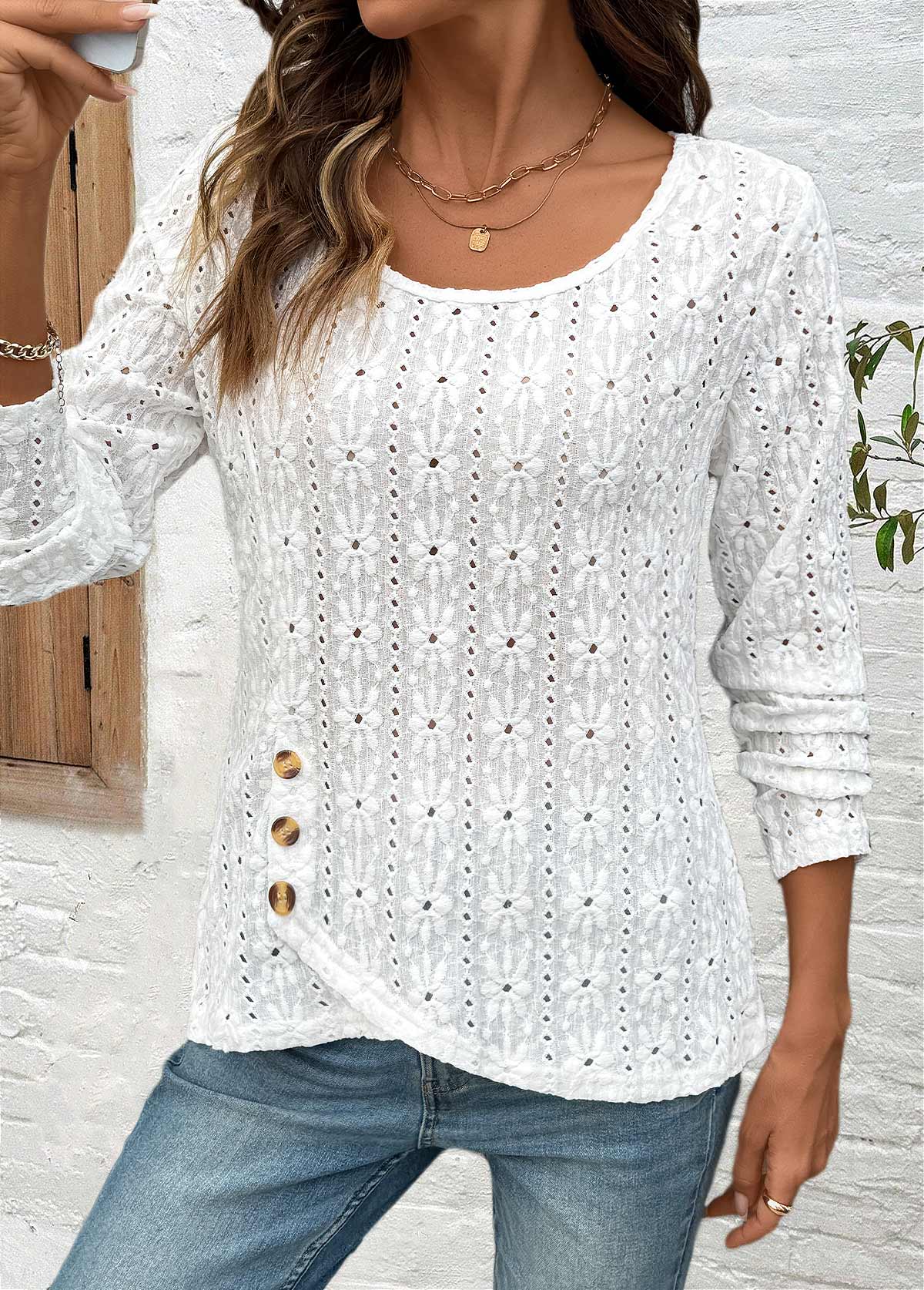 White Asymmetry Long Sleeve Round Neck Blouse | picture 
