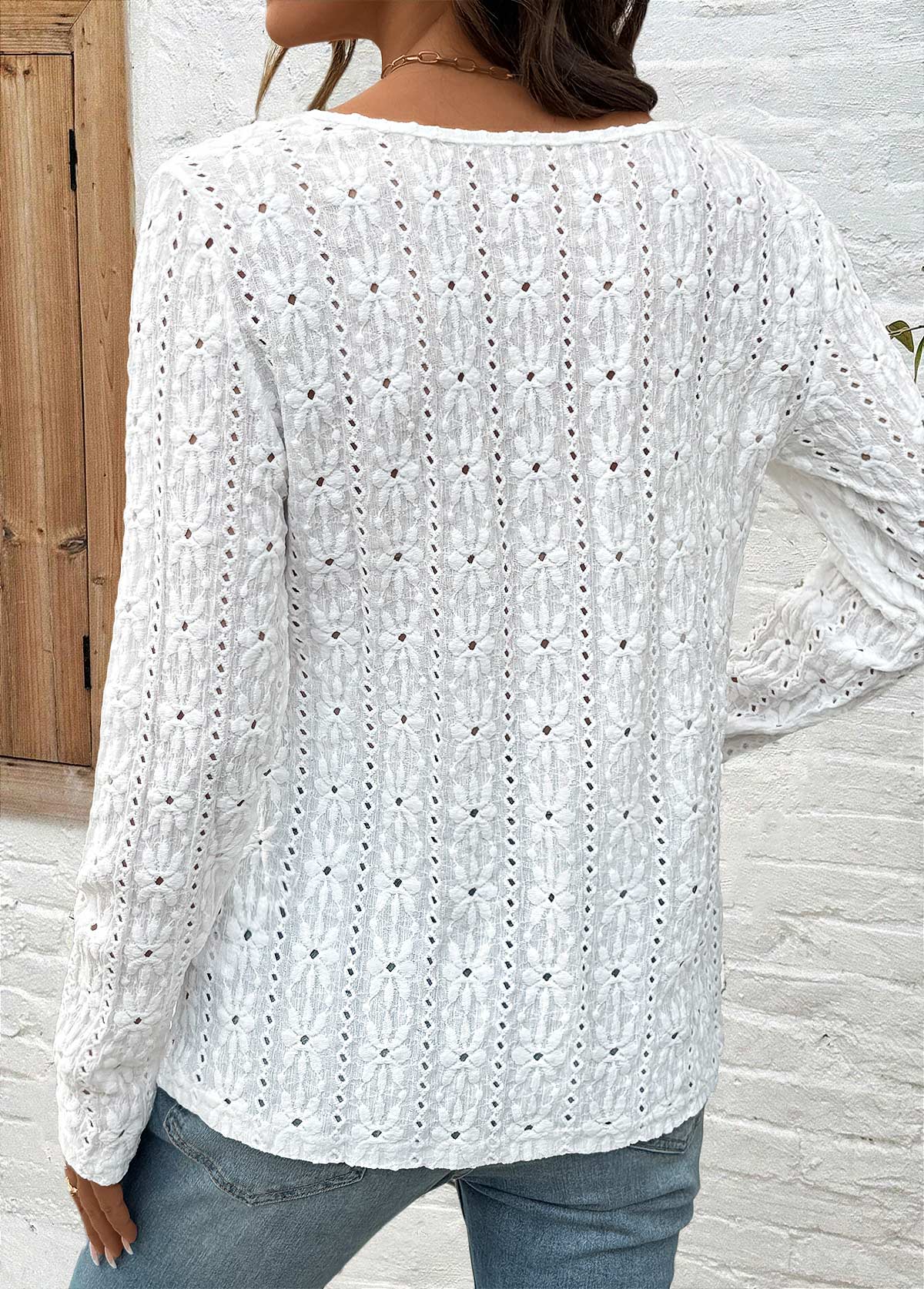 White Asymmetry Long Sleeve Round Neck Blouse | picture 