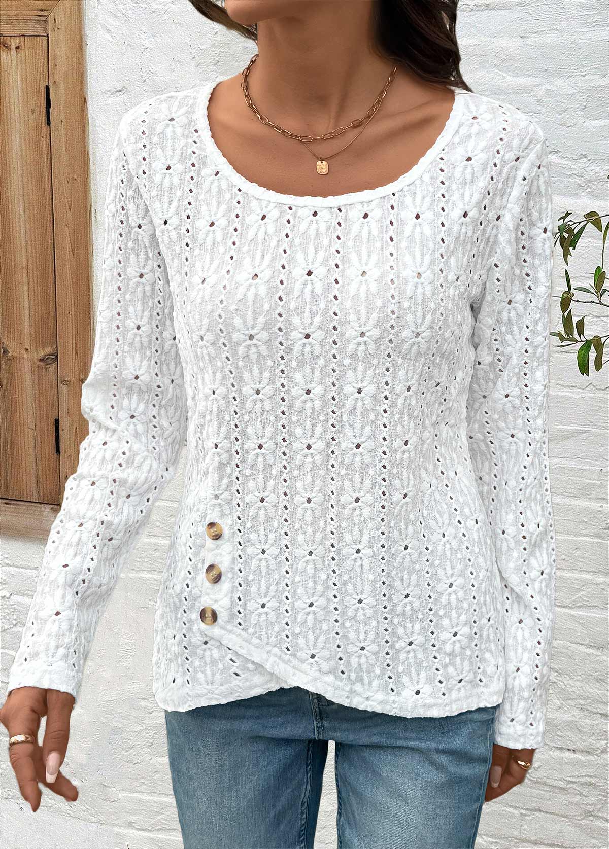 White Asymmetry Long Sleeve Round Neck Blouse | picture 