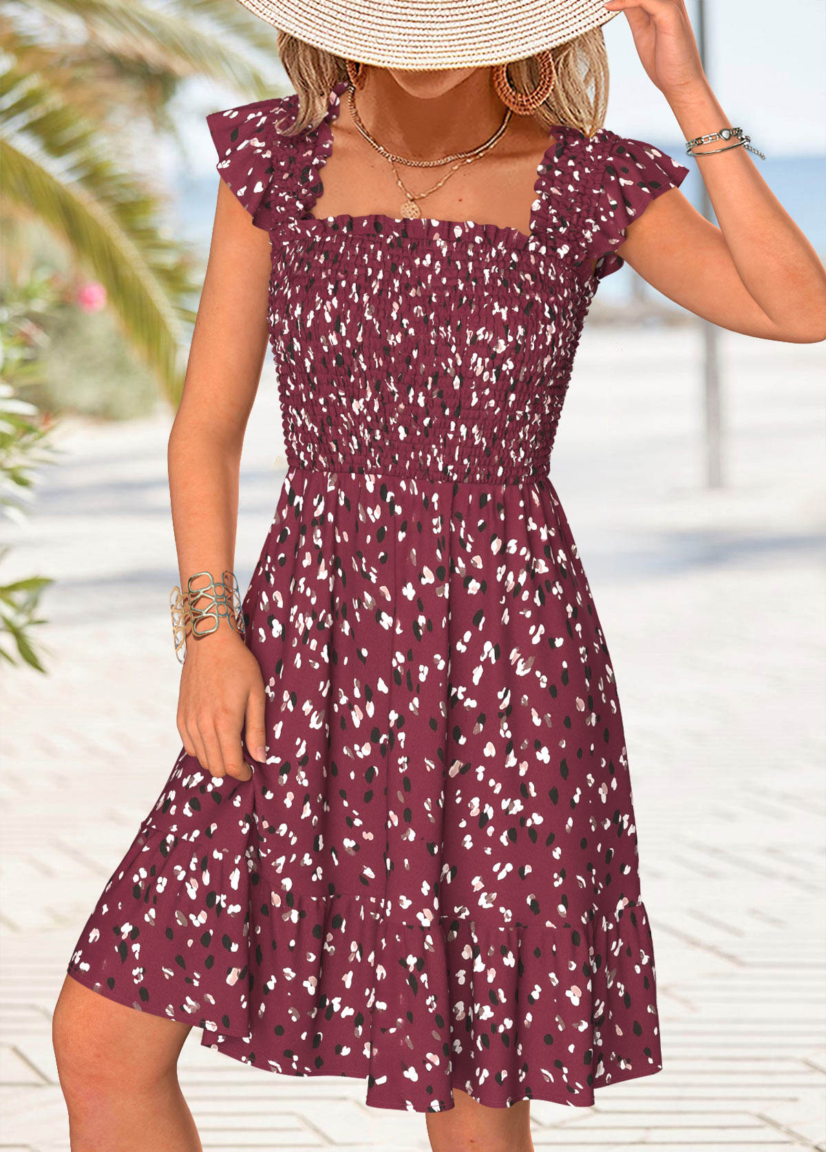 Wine Red Tummy Coverage Leopard Short Sleeve Dress | picture 