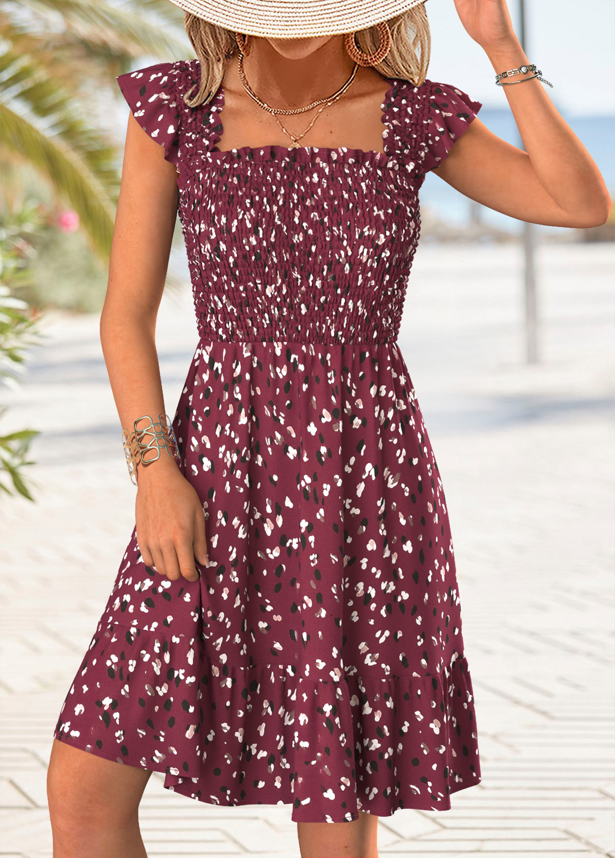 Wine Red Tummy Coverage Leopard Short Sleeve Dress | picture 