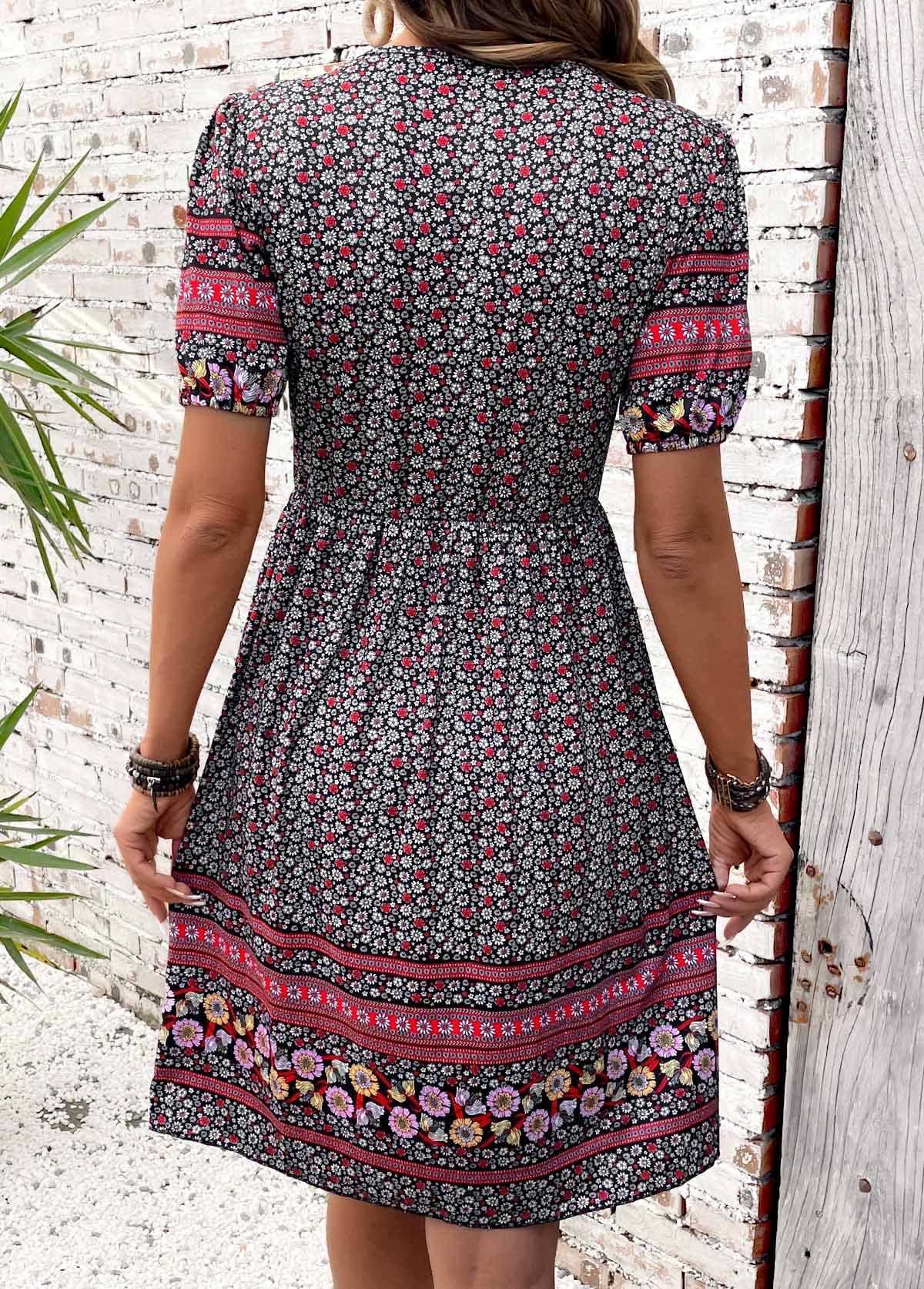 Multi Color Shirred Tribal Print Short Sleeve Dress | picture 