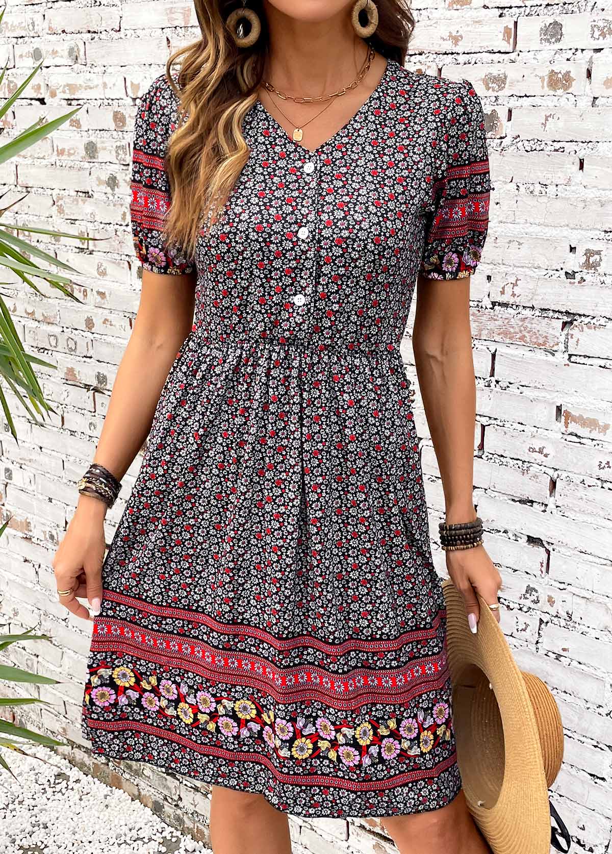 Multi Color Shirred Tribal Print Short Sleeve Dress | picture 