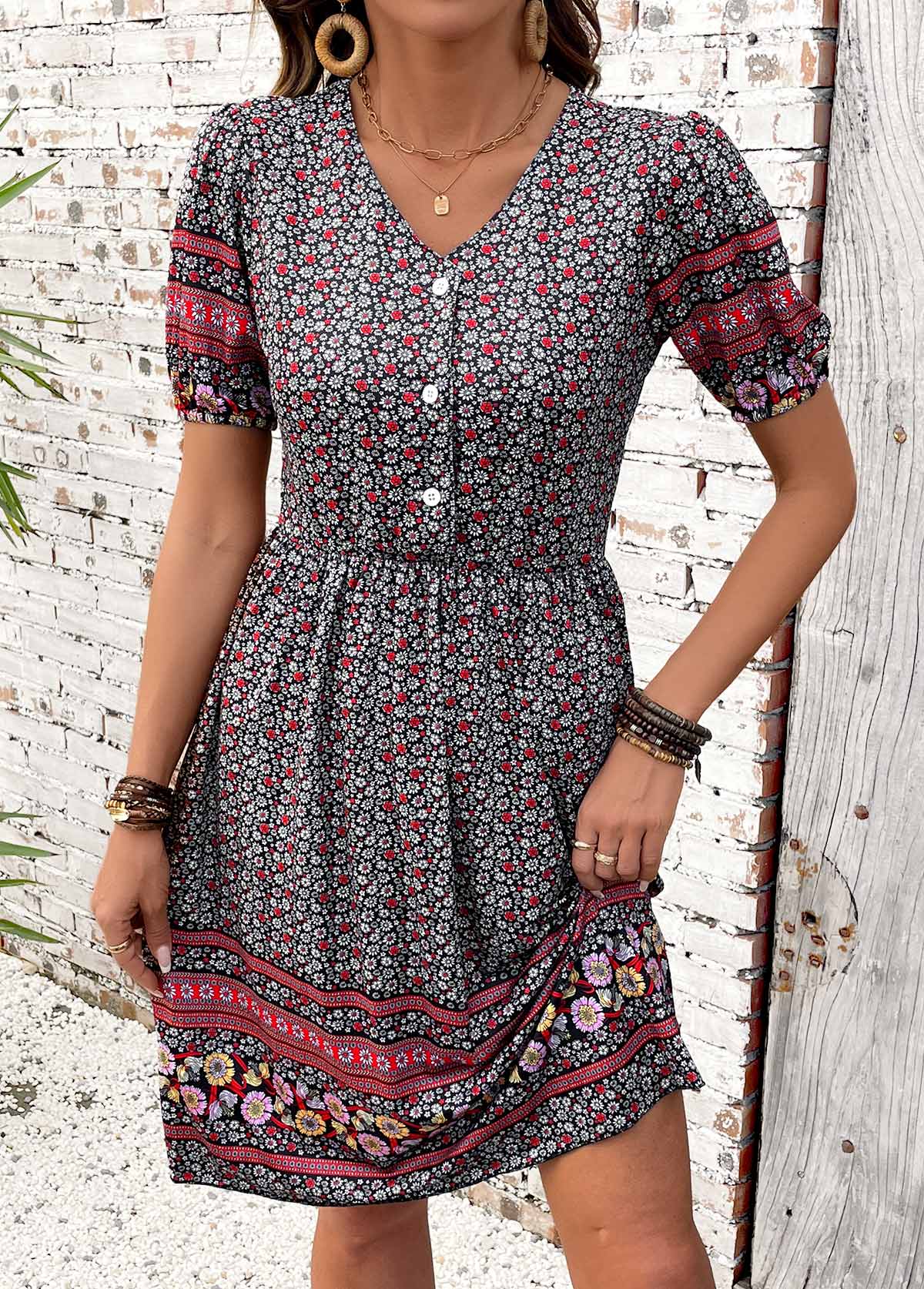 Multi Color Shirred Tribal Print Short Sleeve Dress | picture 