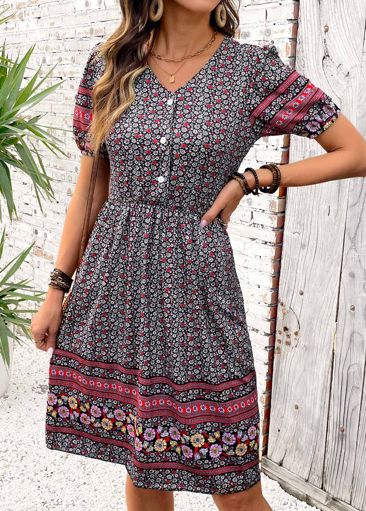 Multi Color Shirred Tribal Print Short Sleeve Dress | picture 