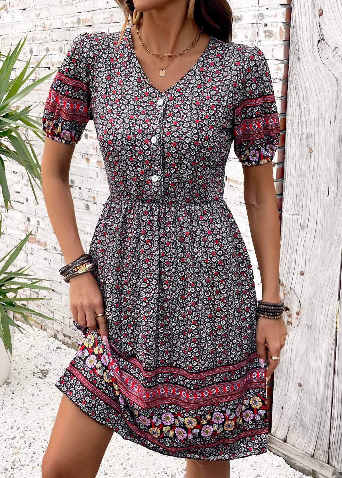 Multi Color Shirred Tribal Print Short Sleeve Dress | picture 