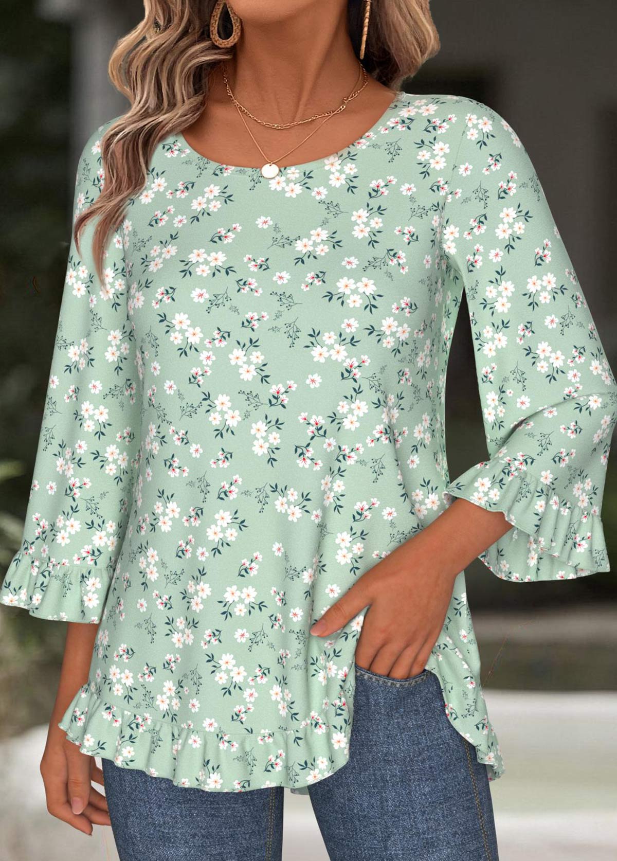 Light Green Tummy Coverage Floral Print T Shirt | picture 