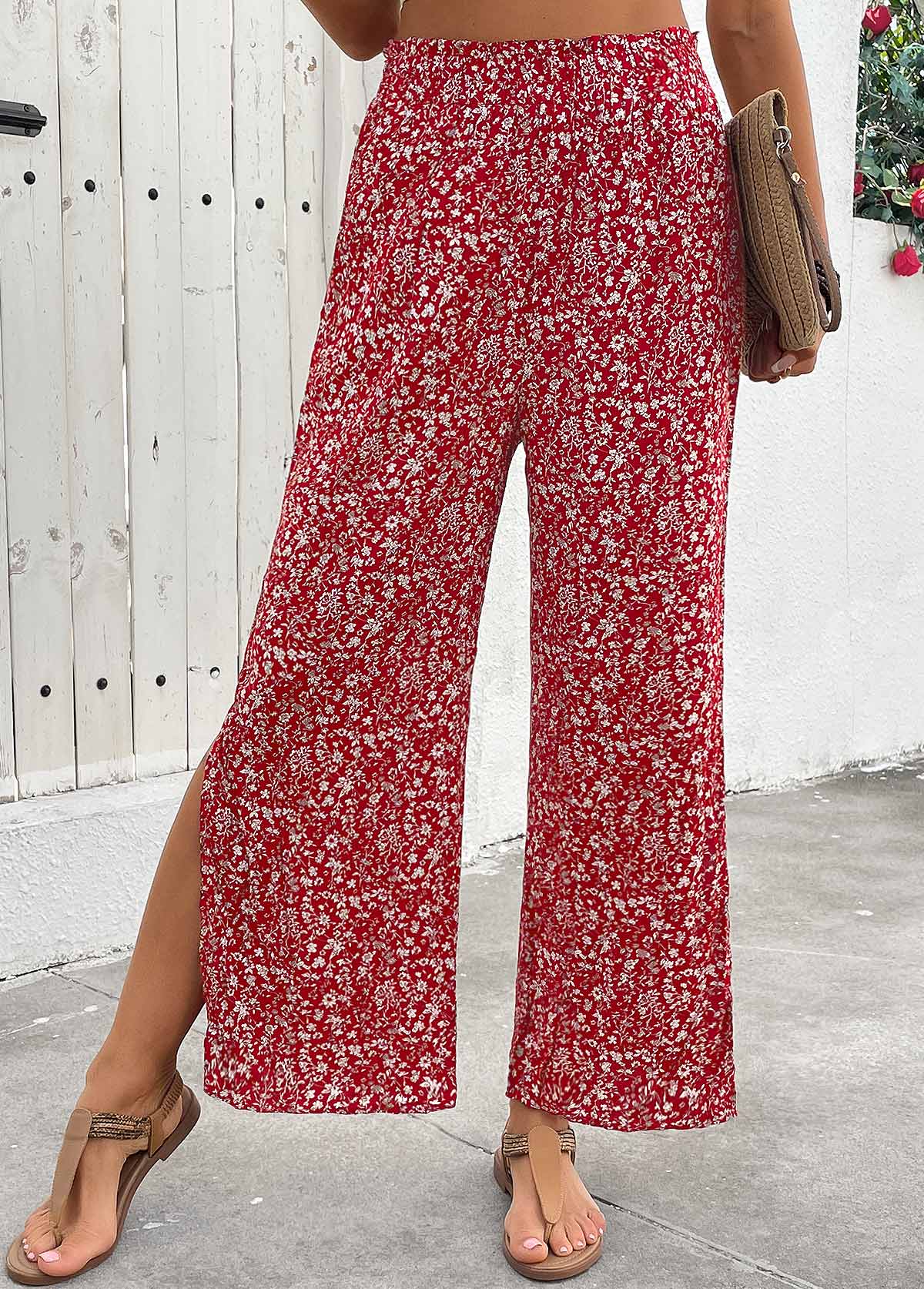 Wine Red Flowy Ditsy Floral Print Wide Leg Pants | picture 