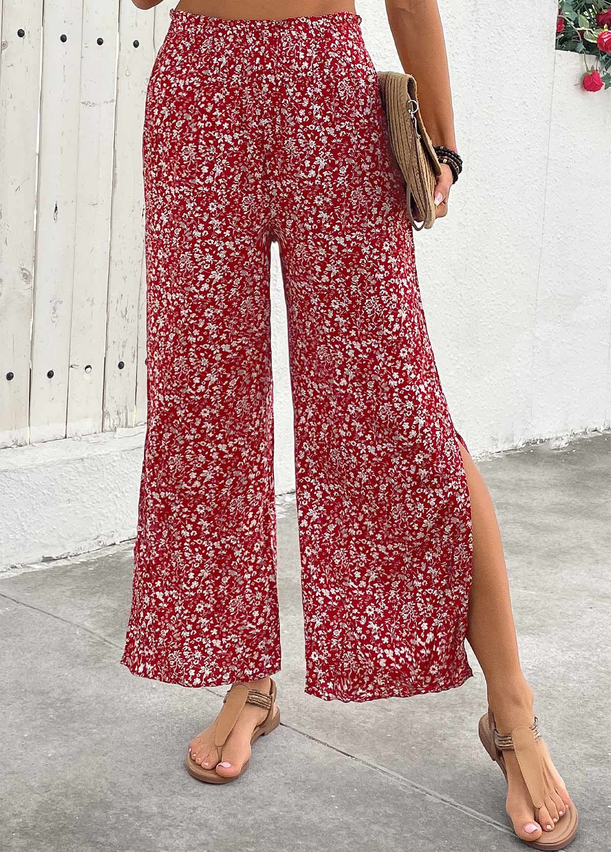 Wine Red Flowy Ditsy Floral Print Wide Leg Pants | picture 