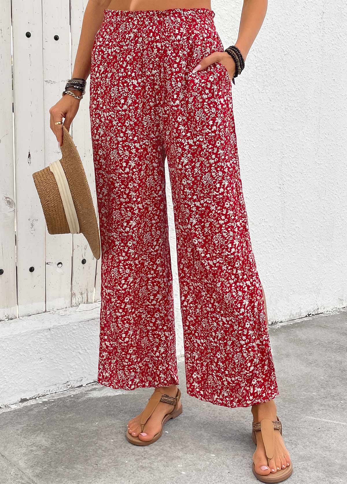 Wine Red Flowy Ditsy Floral Print Wide Leg Pants | picture 