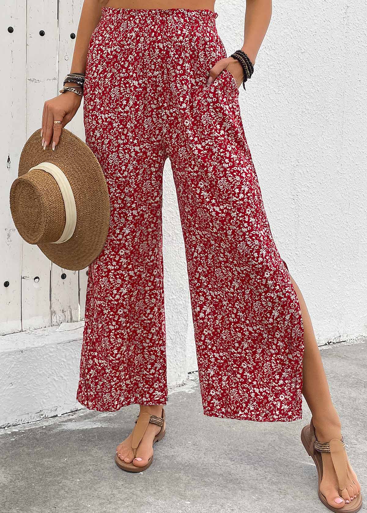 Wine Red Flowy Ditsy Floral Print Wide Leg Pants | picture 