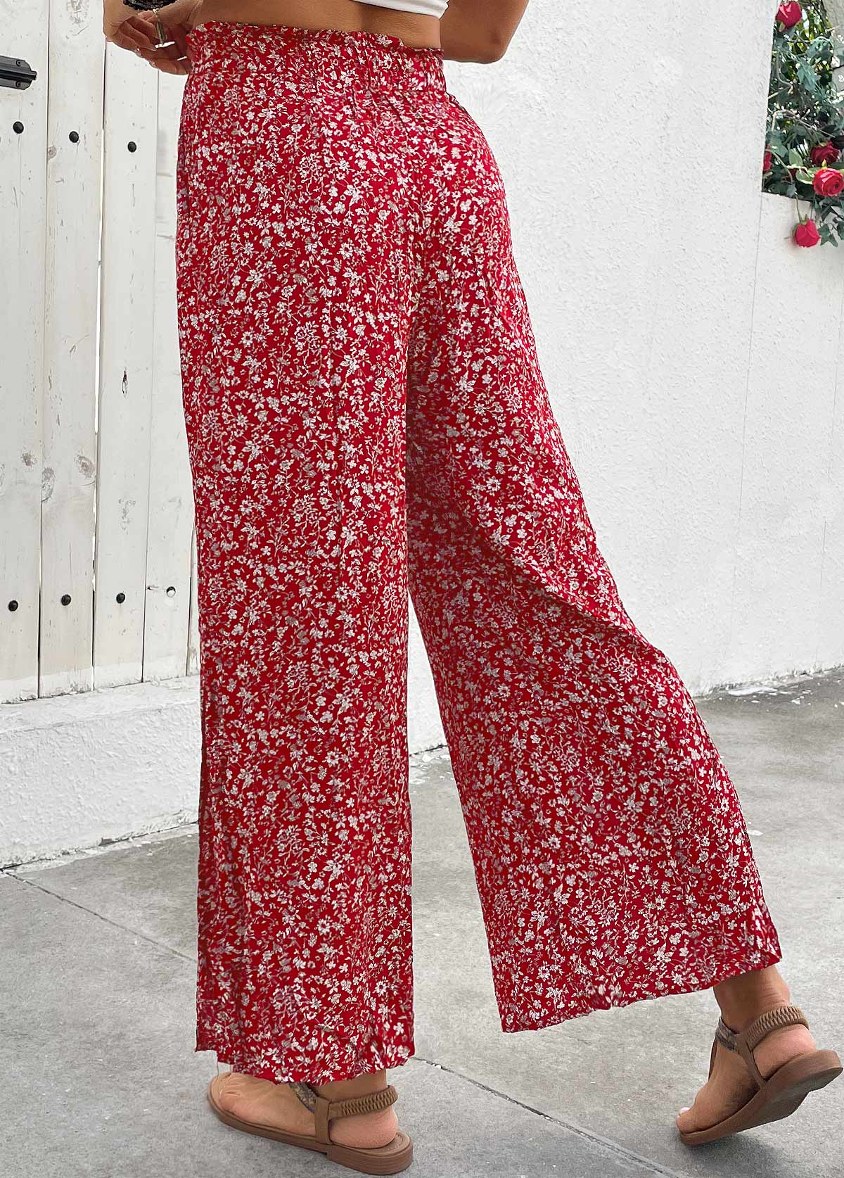 Wine Red Flowy Ditsy Floral Print Wide Leg Pants | picture 