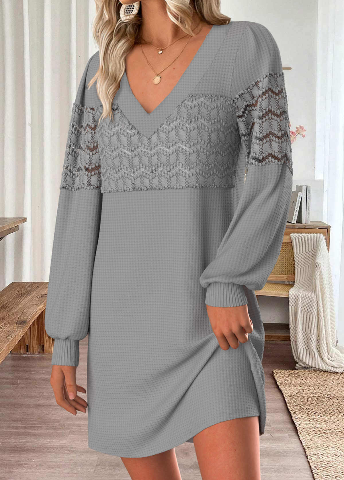 Grey Tummy Coverage Short Long Sleeve V Neck Dress | picture 