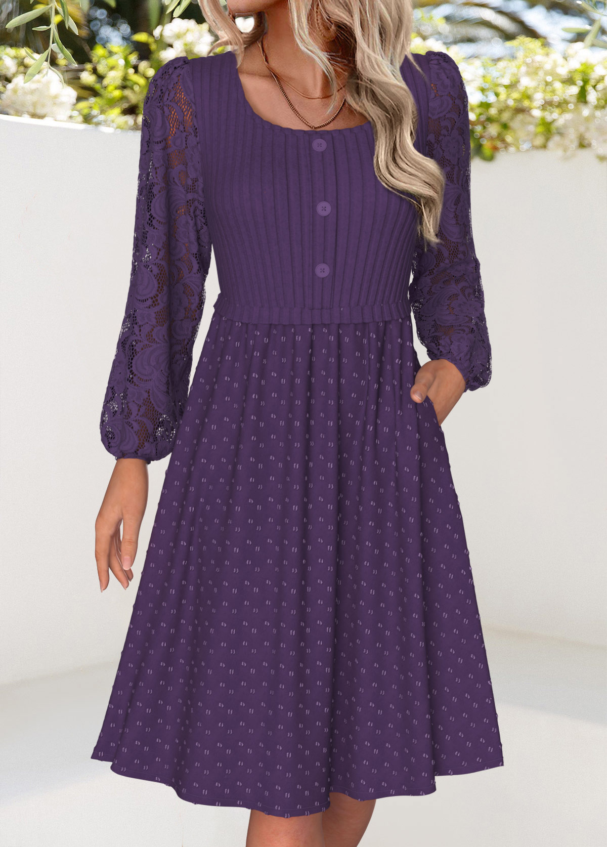 Purple Tummy Coverage Long Sleeve Square Neck Dress | picture 