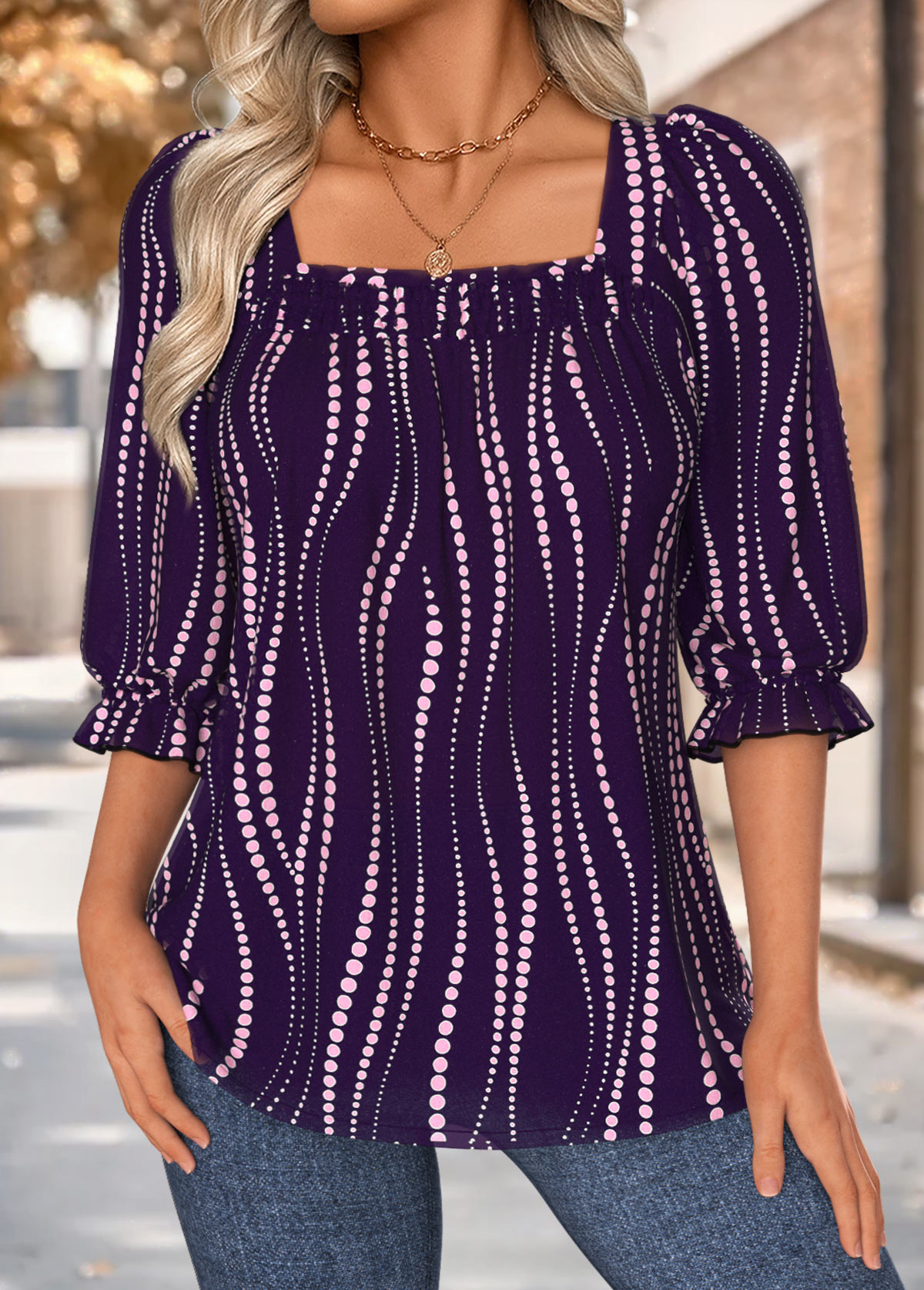 Dark Purple Patchwork Wave Pattern Print 3/4 Sleeve Blouse | picture 