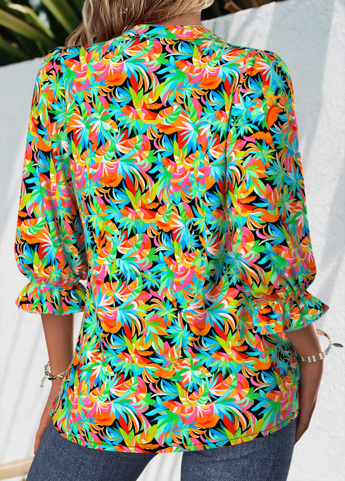 Multi Color Tummy Coverage Tropical Plants Print Blouse | picture 