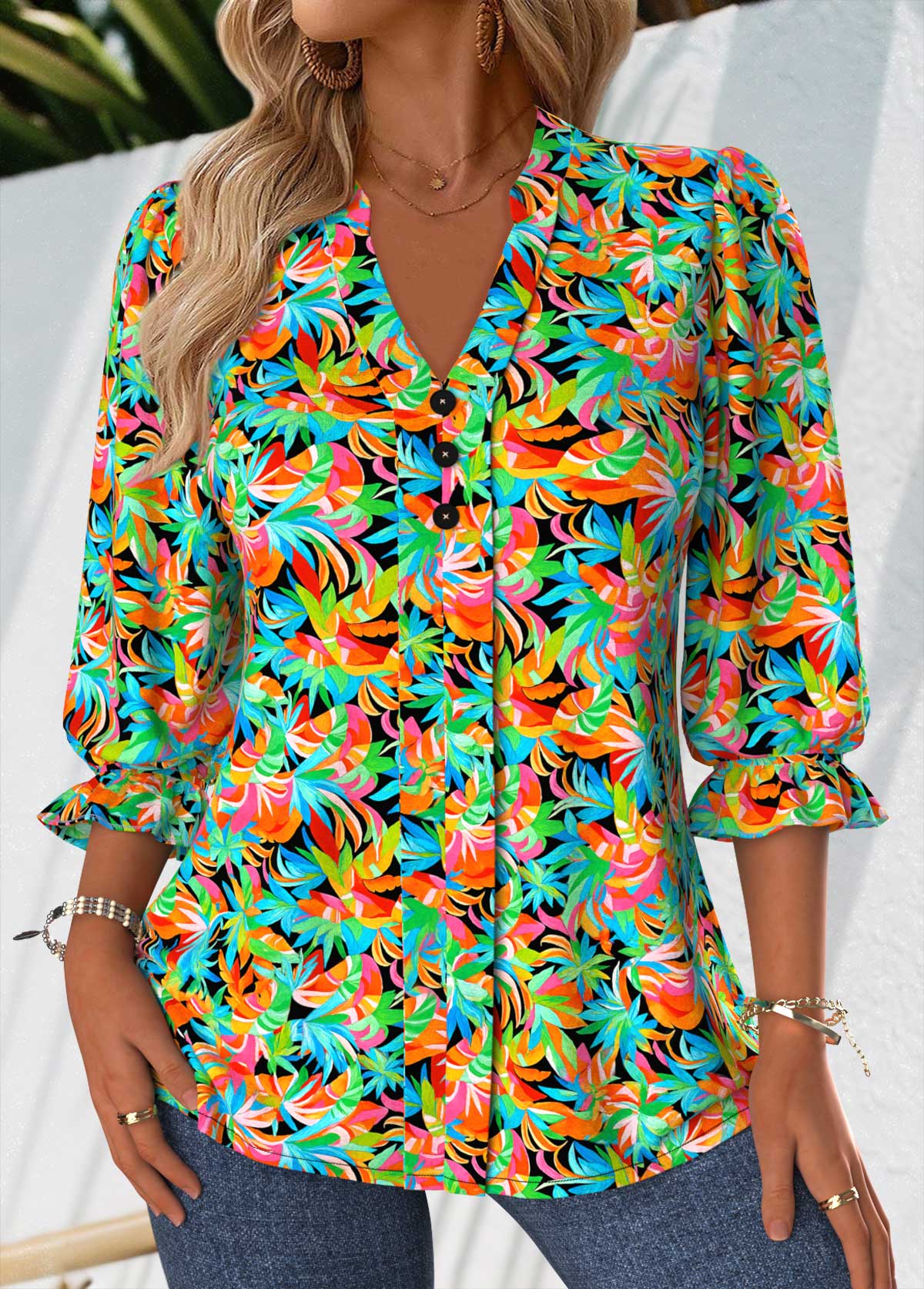 Multi Color Tummy Coverage Tropical Plants Print Blouse | picture 