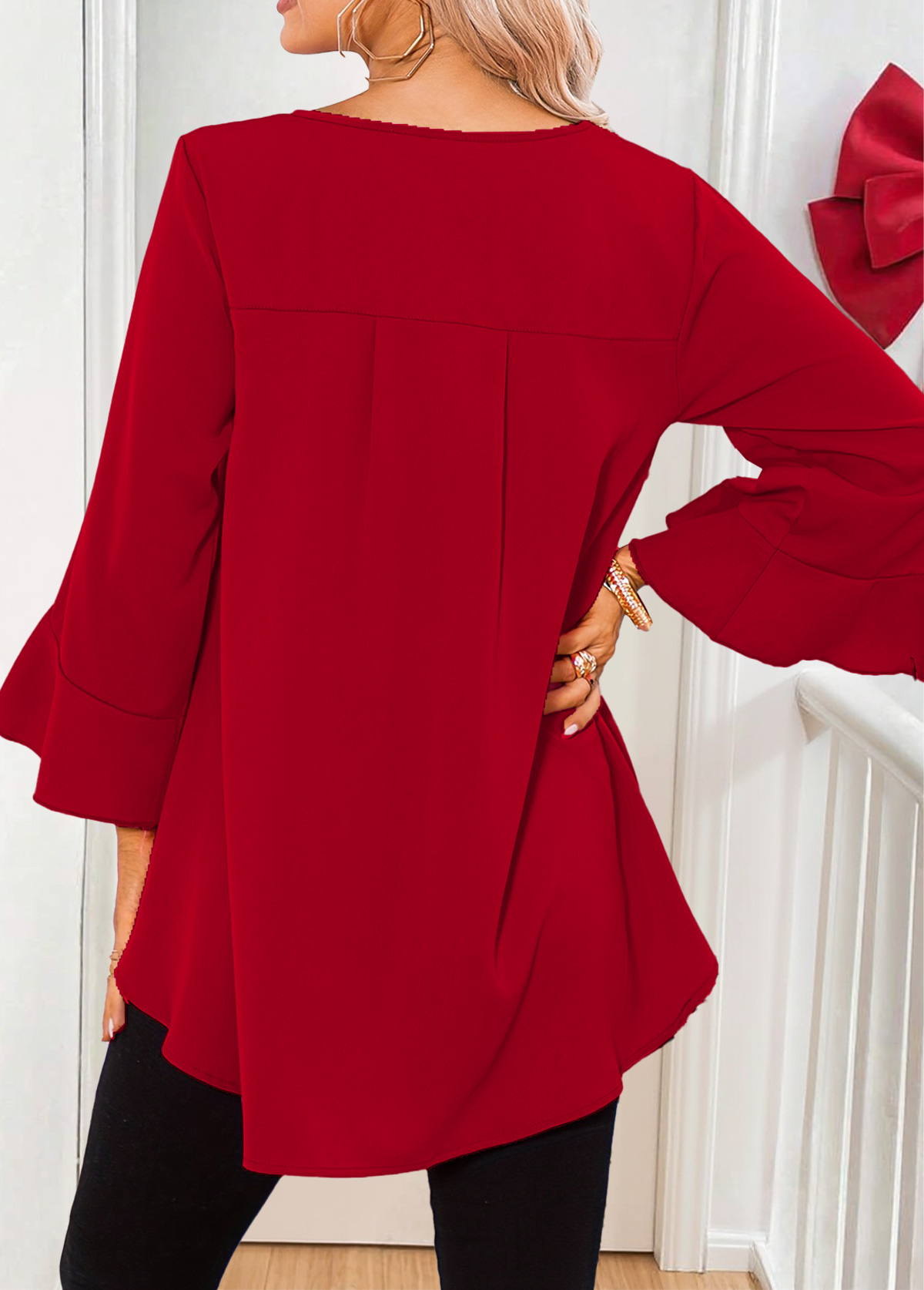 Red Tummy Coverage 3/4 Sleeve Round Neck T Shirt | picture 