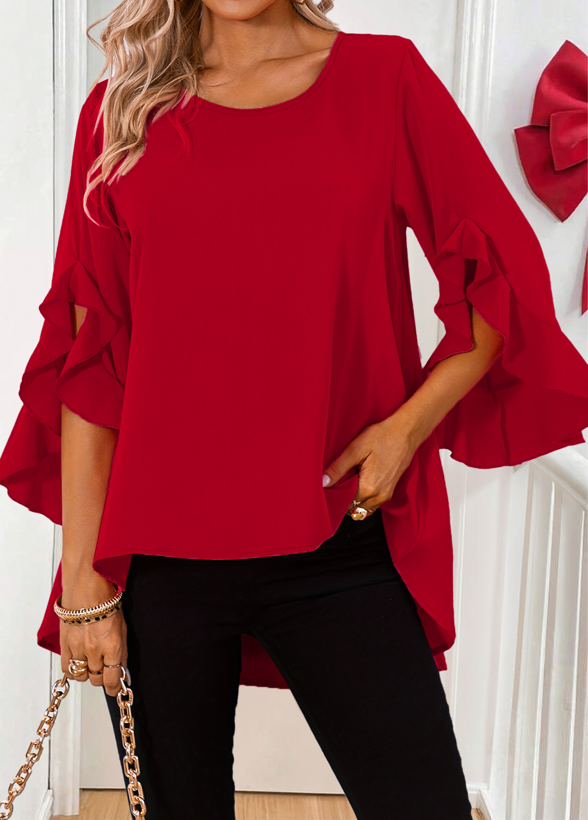 Red Tummy Coverage 3/4 Sleeve Round Neck T Shirt | picture 