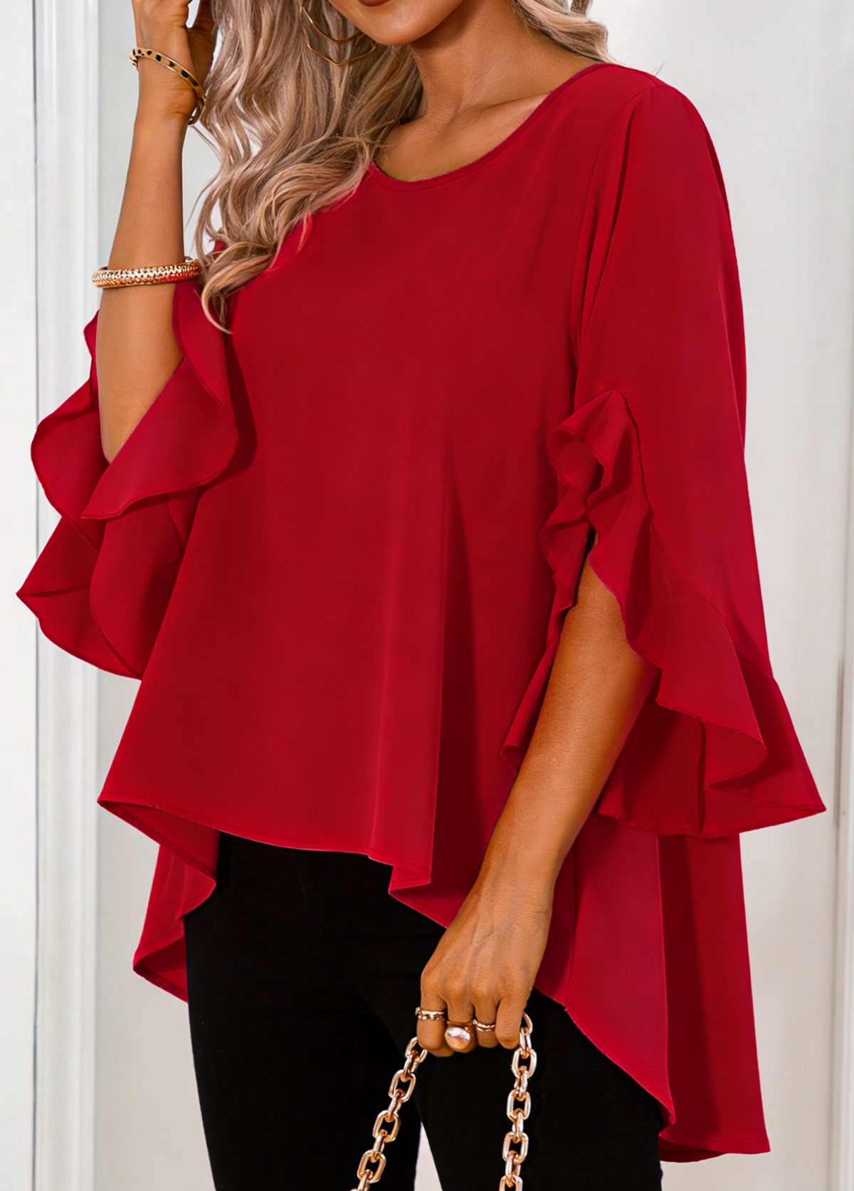 Red Tummy Coverage 3/4 Sleeve Round Neck T Shirt | picture 