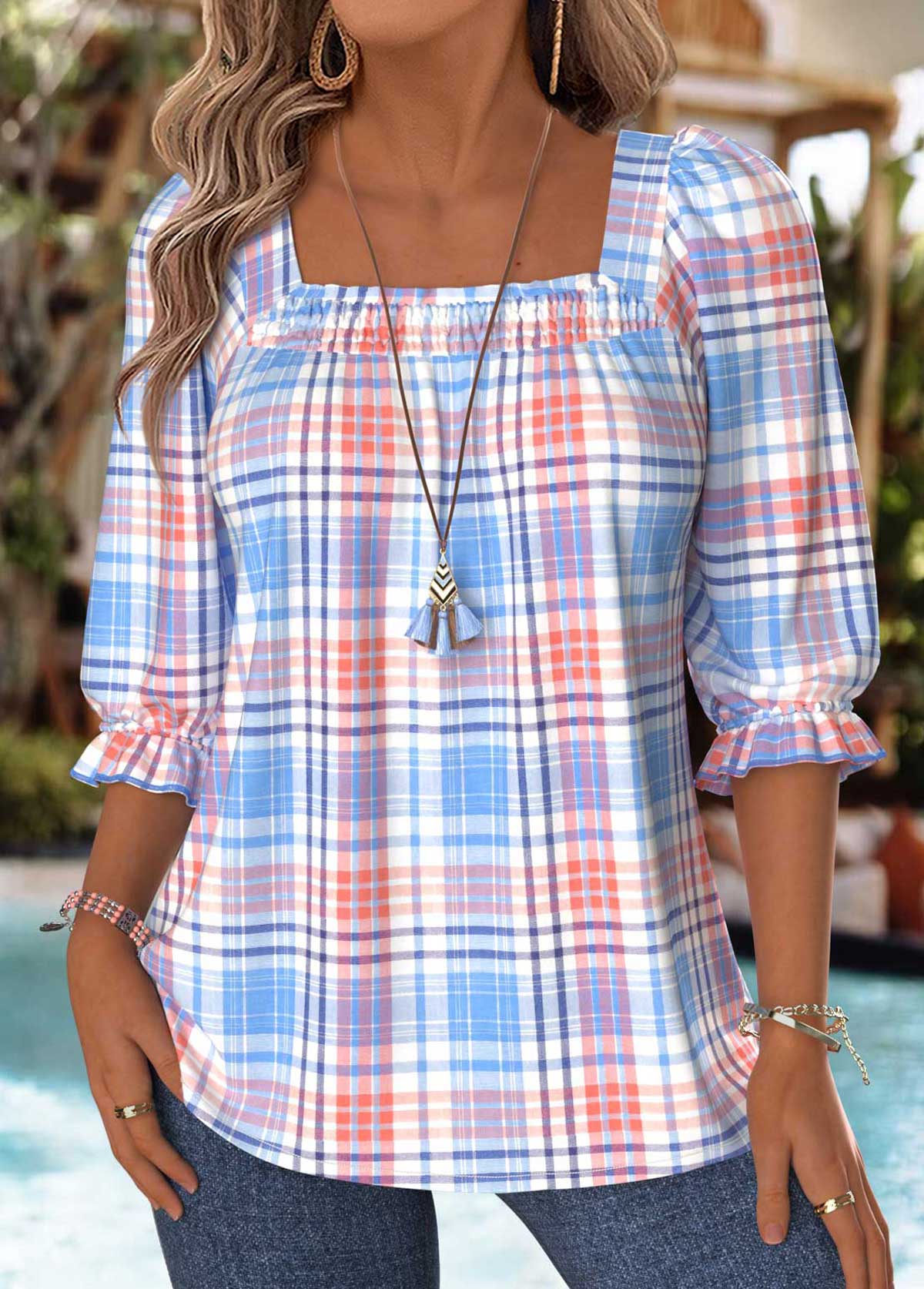 Blue Tummy Coverage Plaid 3/4 Sleeve Square Neck Blouse | picture 