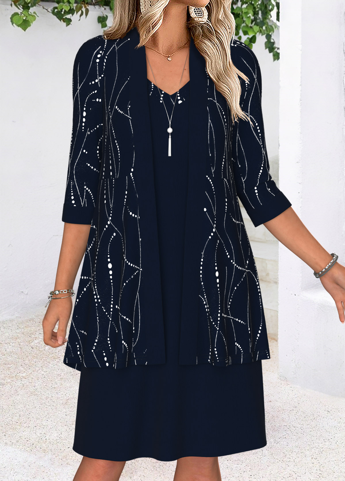 Navy Tummy Coverage Geometric Print Dress and Cardigan | picture 