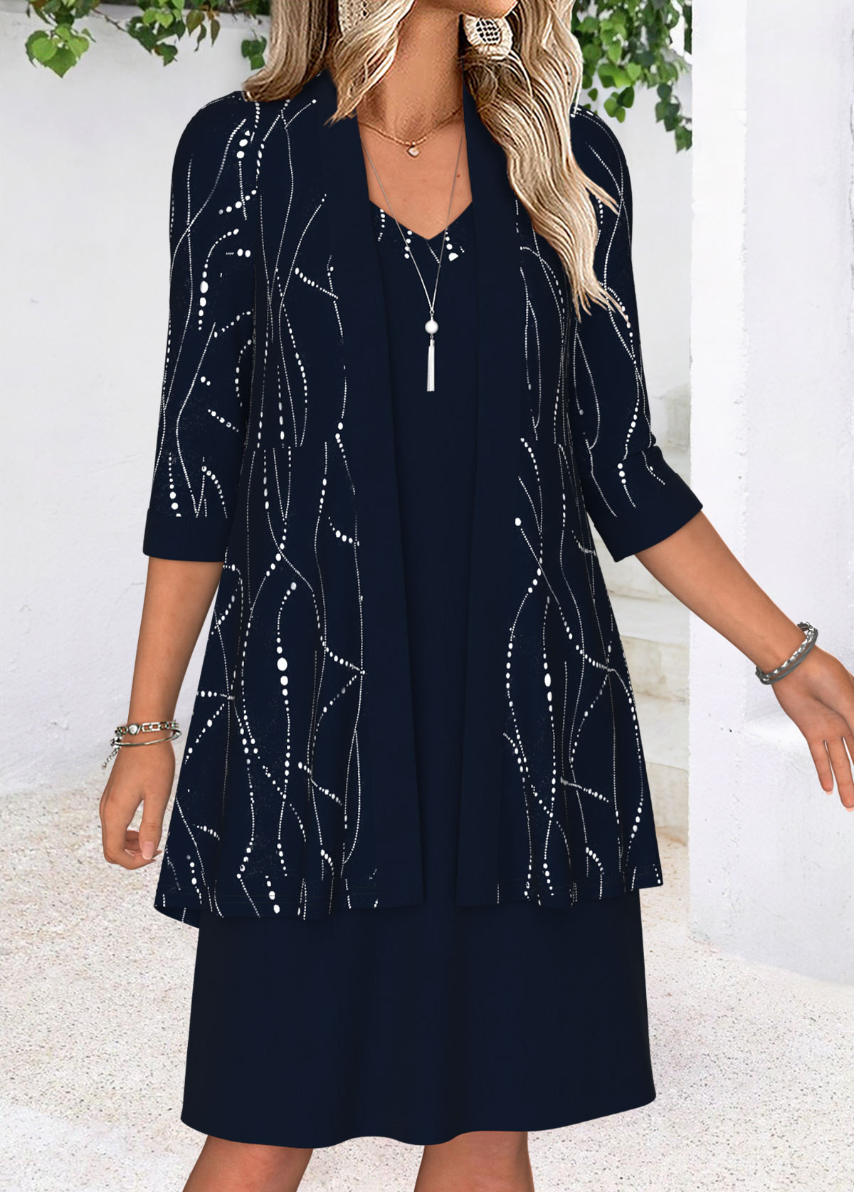 Navy Tummy Coverage Geometric Print Dress and Cardigan | picture 