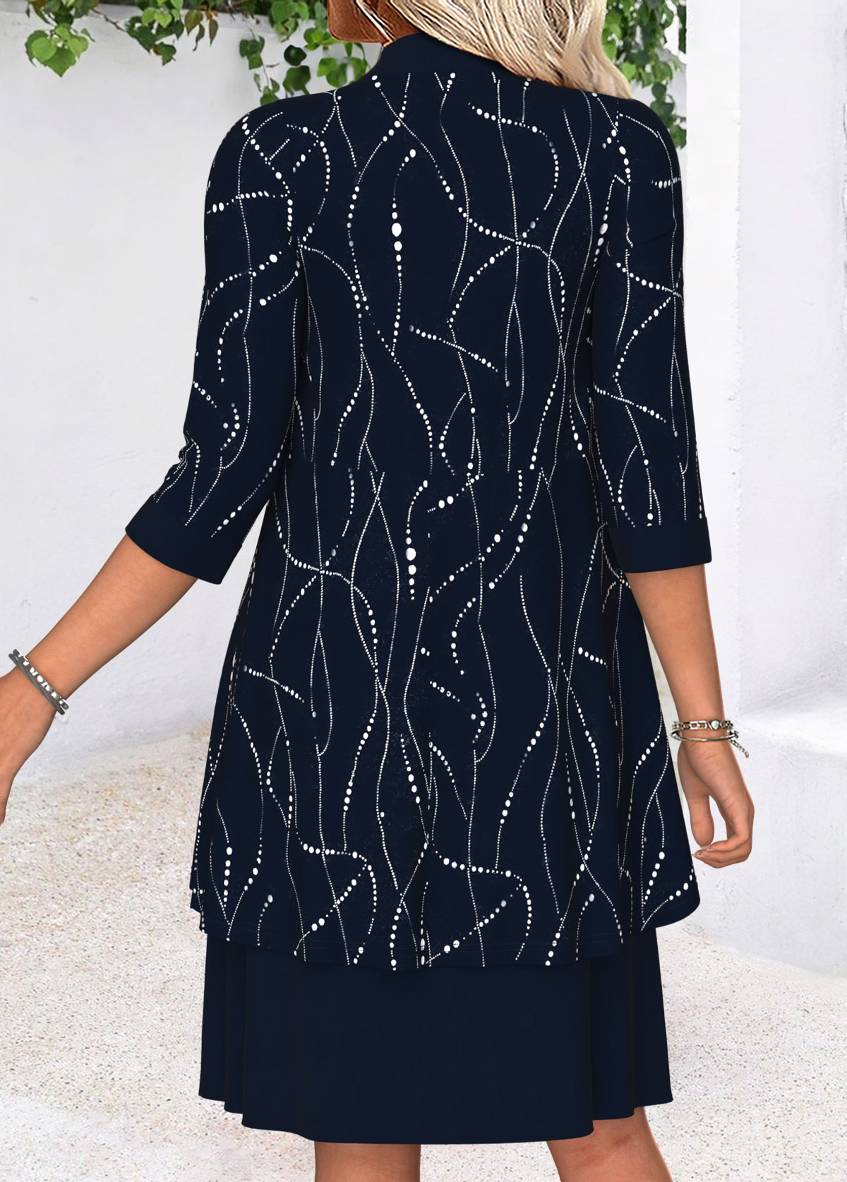 Navy Tummy Coverage Geometric Print Dress and Cardigan | picture 