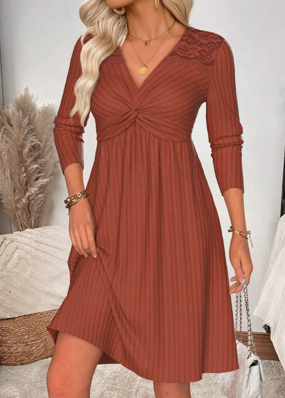 Brick Red Tummy Coverage Long Sleeve V Neck Dress | picture 