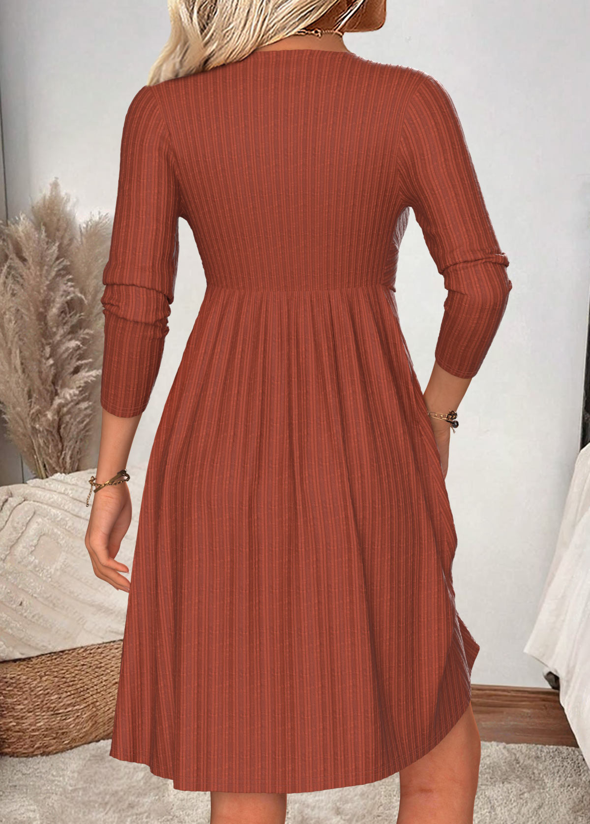 Brick Red Tummy Coverage Long Sleeve V Neck Dress | picture 