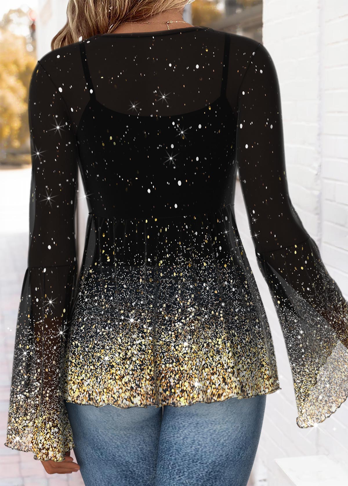 Multi Color Peplum Ombre Long Sleeve V Neck Blouse | picture 