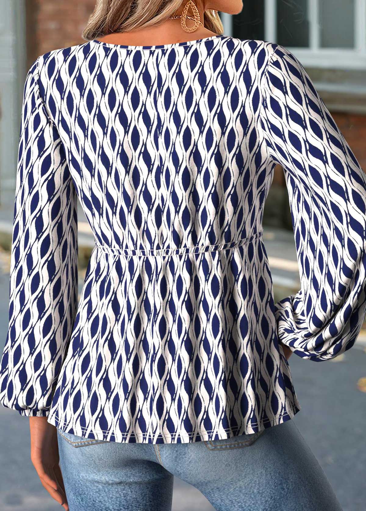 Navy Peplum Geometric Print Long Sleeve V Neck Blouse | picture 