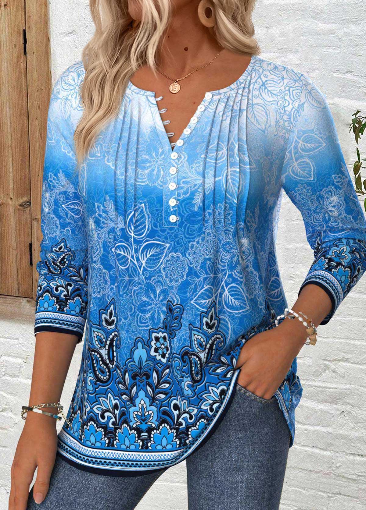 Blue Tummy Coverage Tribal Print Long Sleeve T Shirt | picture 