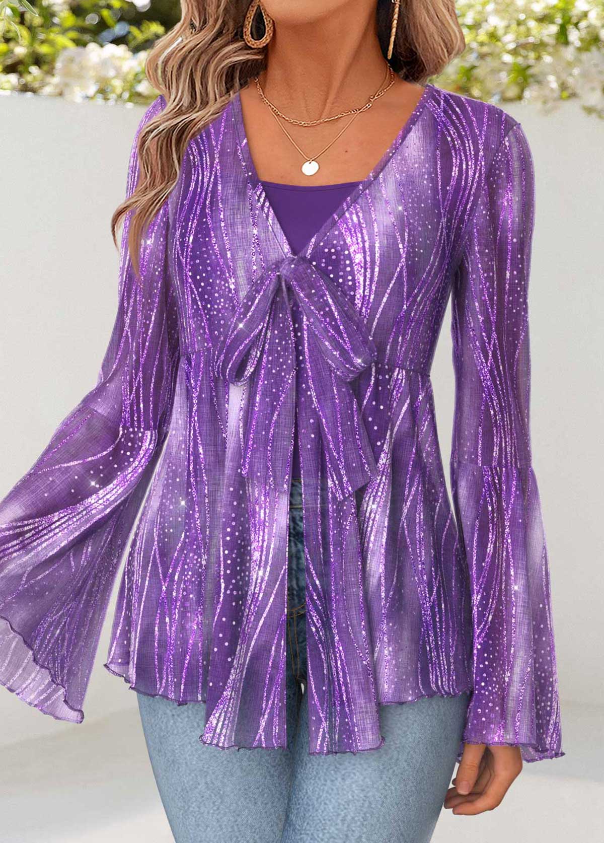 Purple Peplum Ombre Long Sleeve V Neck Cardigan | picture 
