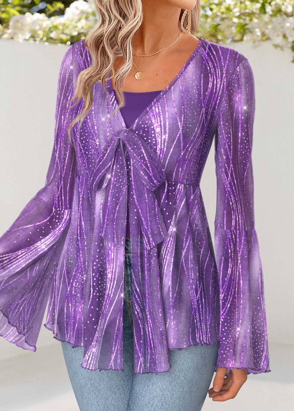 Purple Peplum Ombre Long Sleeve V Neck Cardigan | picture 