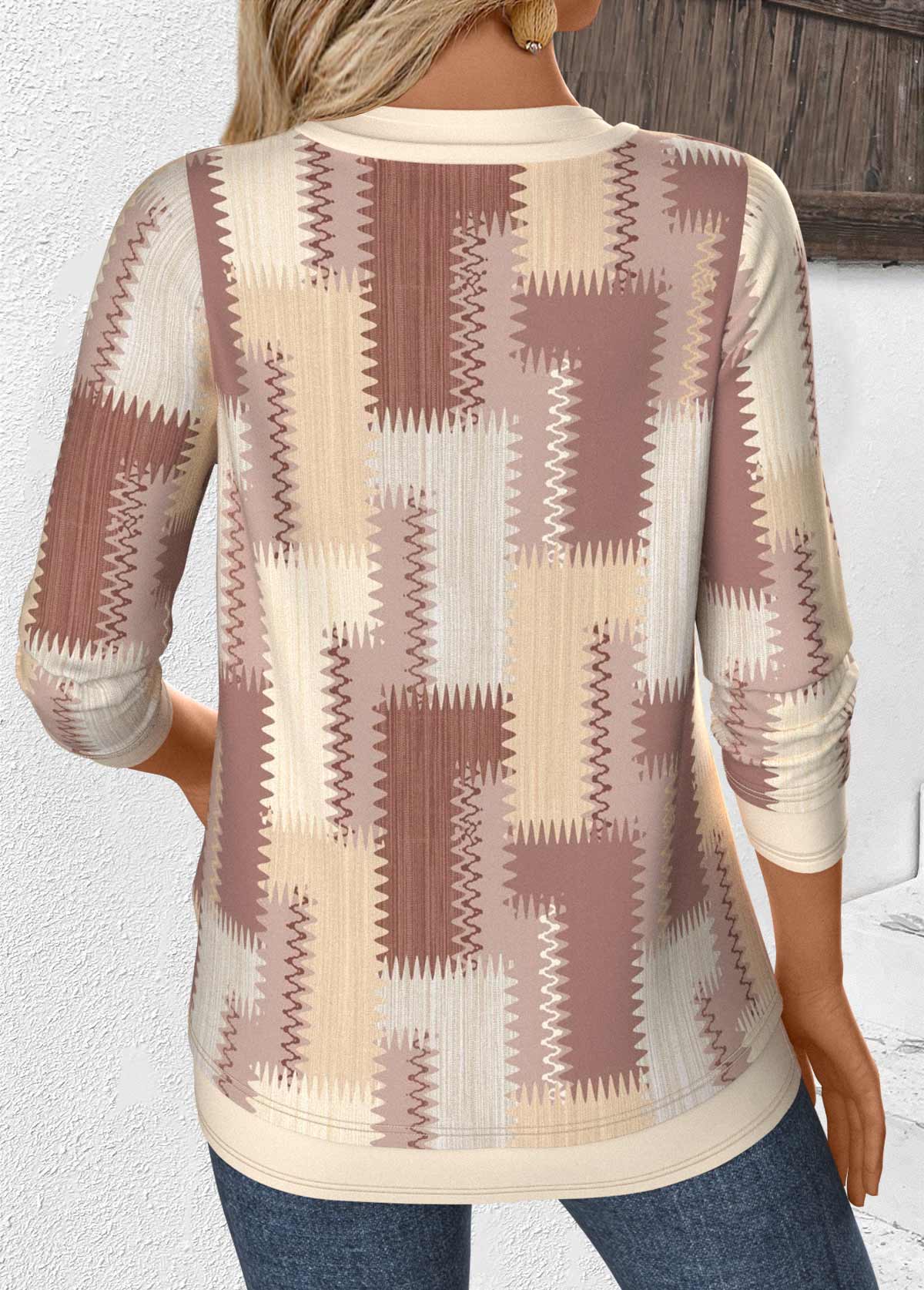 Beige Fake 2in1 Geometric Print Long Sleeve Blouse | picture 