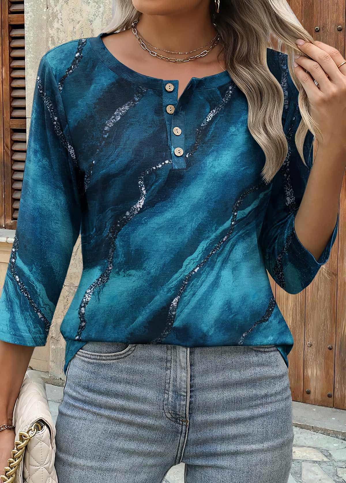 Peacock Blue Button Marble Print 3/4 Sleeve Blouse | picture 