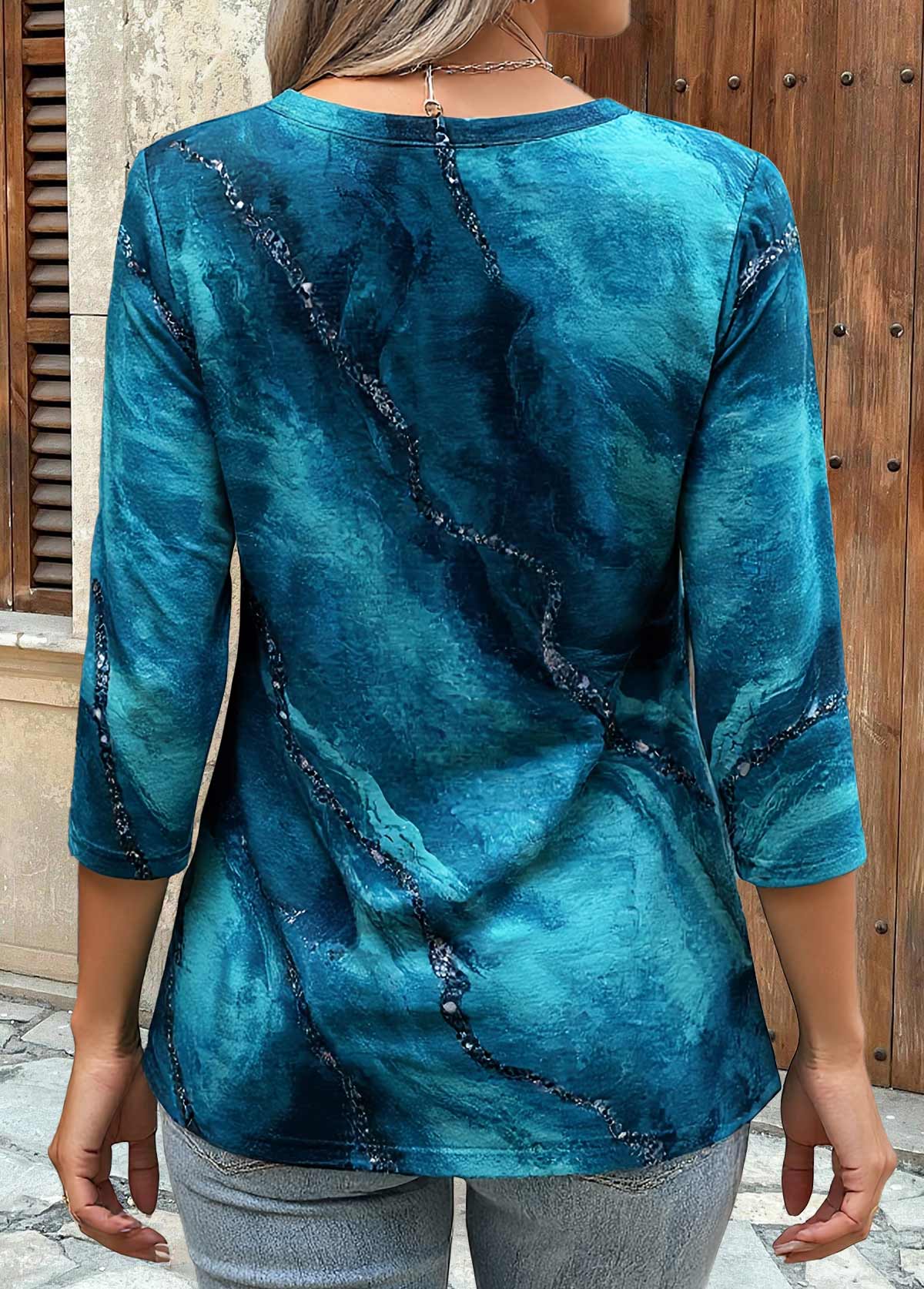 Peacock Blue Button Marble Print 3/4 Sleeve Blouse | picture 