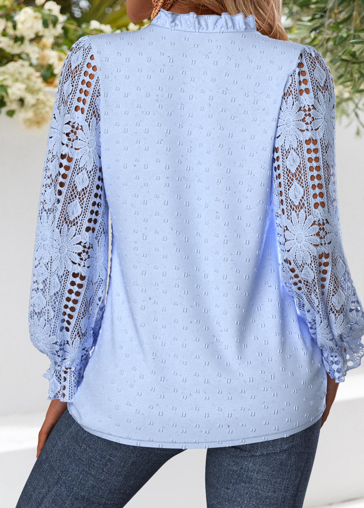 Sky Blue Curved Hem Long Sleeve Split Neck Blouse | picture 