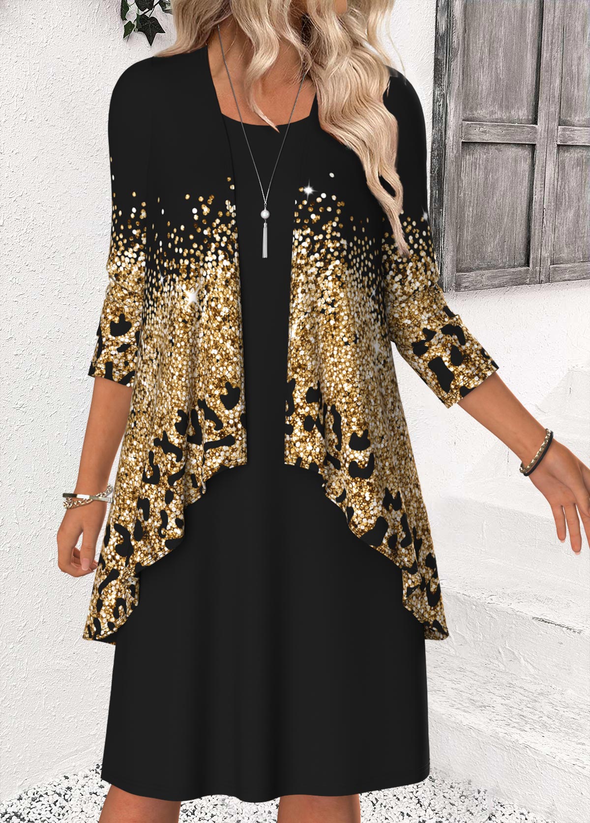 Black Tummy Coverage Ombre Bracelet Sleeve Dress and Cardigan | picture 
