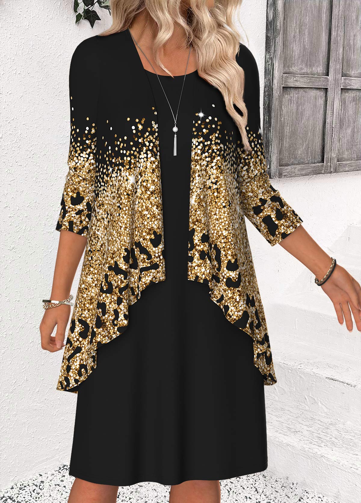 Black Tummy Coverage Ombre Bracelet Sleeve Dress and Cardigan | picture 
